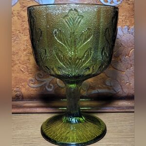 Vintage FTD Dark Green Glass Footed Vase Leaf Design ~ Candy Dish~ Candle Holder